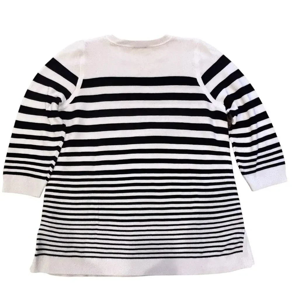 Talbots Black & White Graduated Stripes Tunic Sweater Split Hem 3/4 Sleeve Large